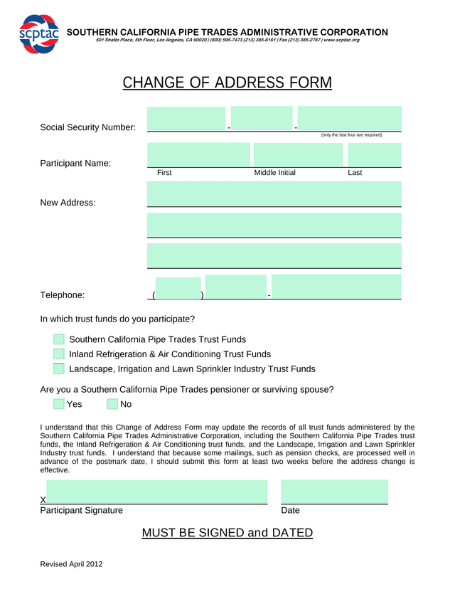 CHANGE OF ADDRESS FORM screenshot