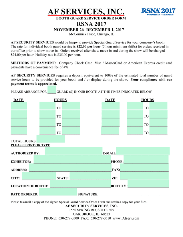 BOOTH GUARD SERVICE ORDER FORM screenshot
