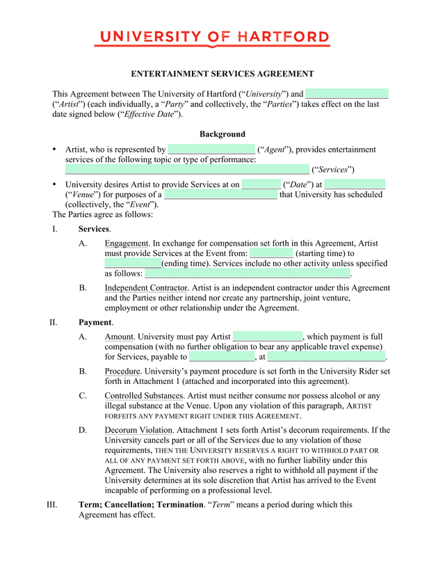 Entertainment Services Agreement screenshot