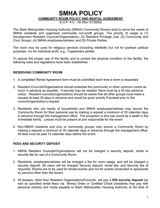 SMHA COMMUNITY ROOM POLICY AND RENTAL AGREEMENT screenshot