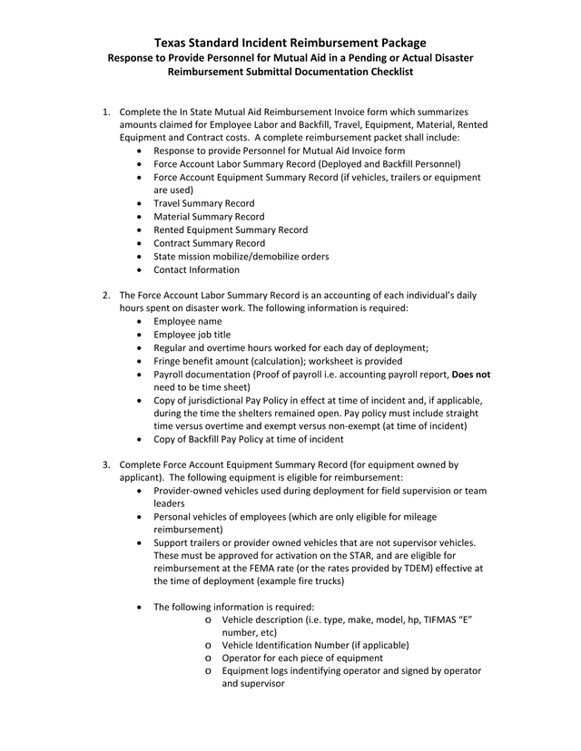Texas Standard Incident Reimbursement Package screenshot