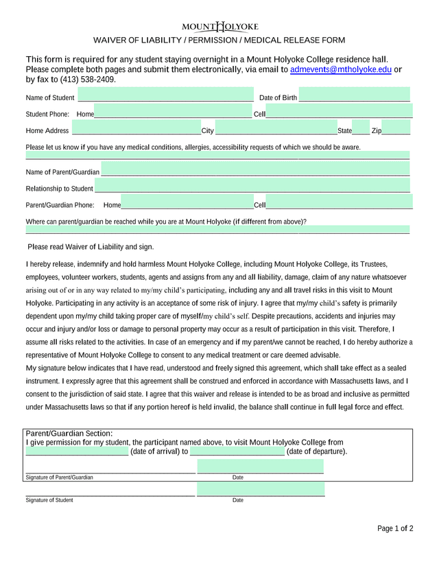 WAIVER OF LIABILITY  PERMISSION  MEDICAL RELEASE FORM screenshot