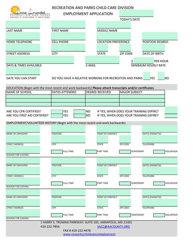 Recreation And Parks Child Care Division Employment Application screenshot
