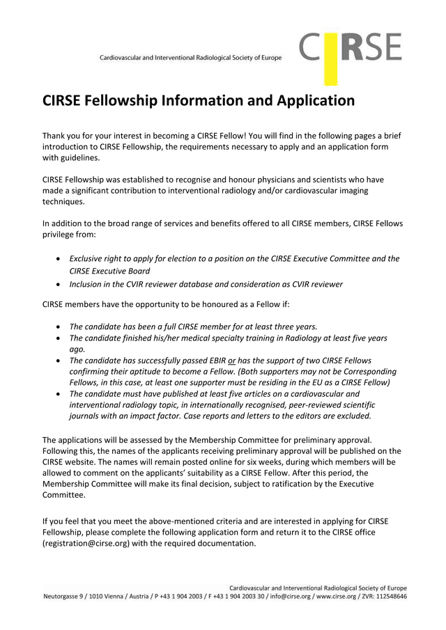 CIRSE Fellowship Application Form screenshot