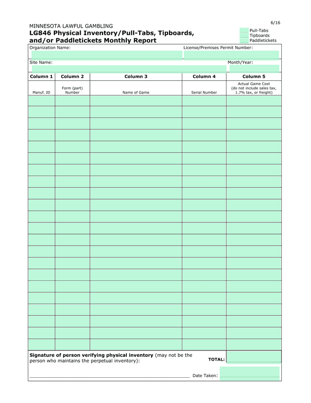 LG846 Physical InventoryPull Tabs, Tipboards, AndOr Paddletickets Monthly Report screenshot
