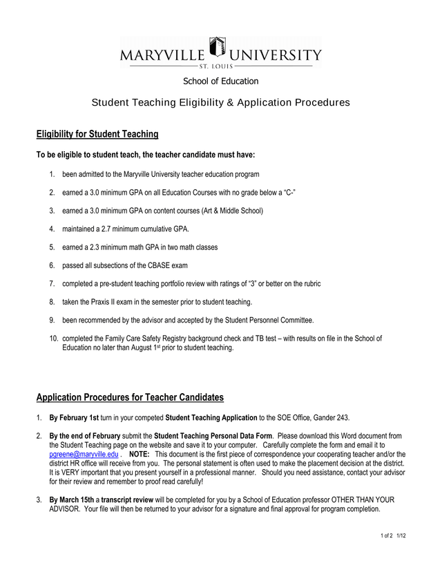 Student Teaching Eligibility  Application Procedures screenshot
