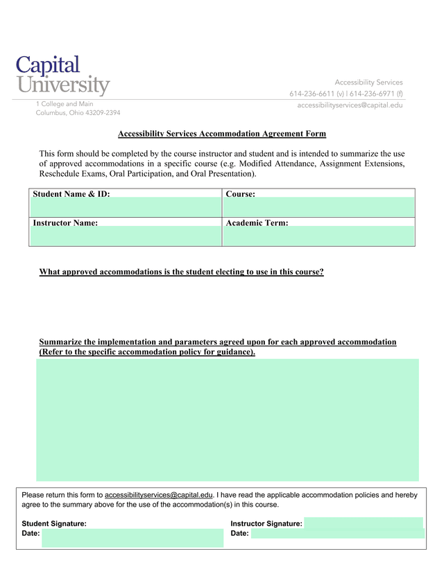 Accessibility Services Accommodation Agreement Form screenshot