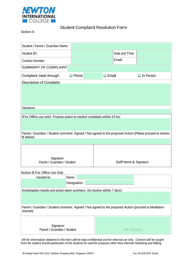 Student Complaint Resolution Form screenshot