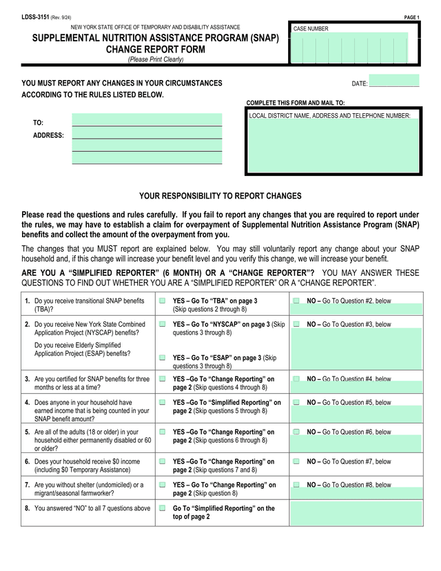 LDSS 3151 SUPPLEMENTAL NUTRITION ASSISTANCE PROGRAM (SNAP) CHANGE REPORT FORM screenshot