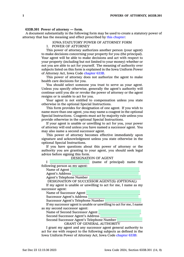 Iowa Statutory Power Of Attorney Form screenshot