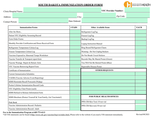South Dakota Immunization Order Form screenshot