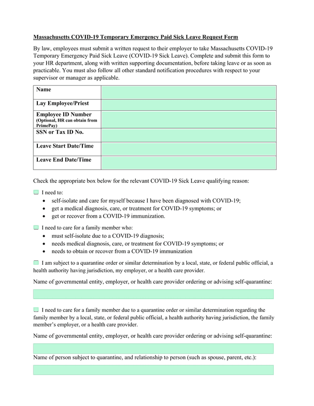 Massachusetts COVID 19 Temporary Emergency Paid Sick Leave Request Form screenshot