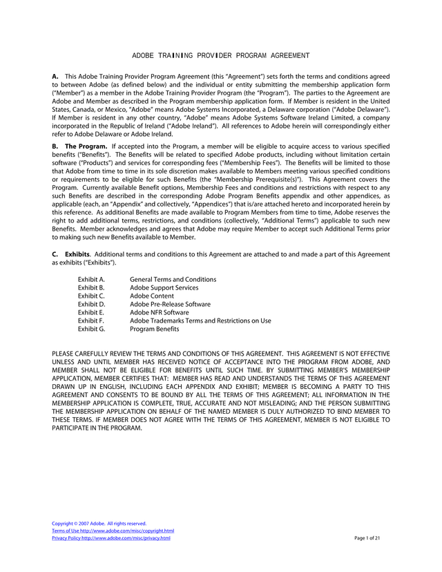 Adobe Training Provider Program Agreement screenshot
