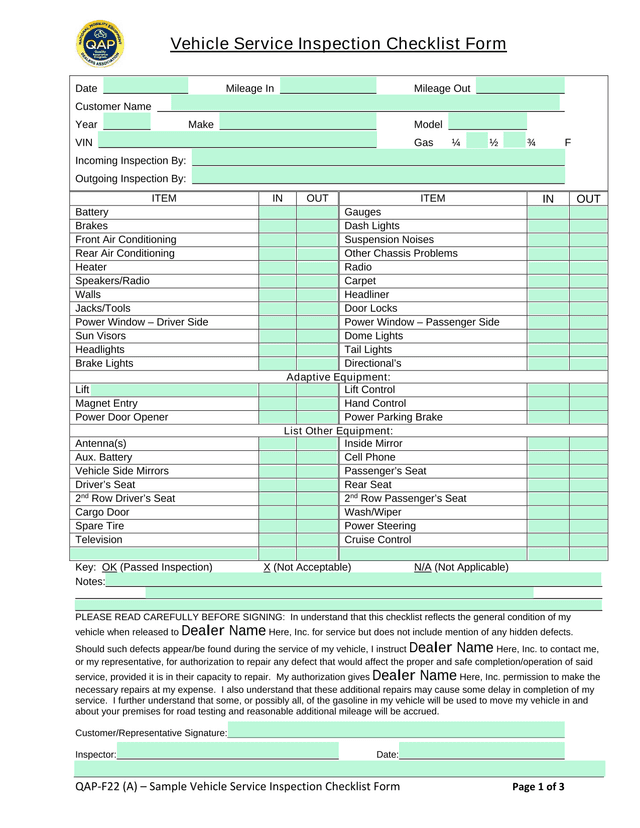 Vehicle Service Inspection Checklist Form screenshot