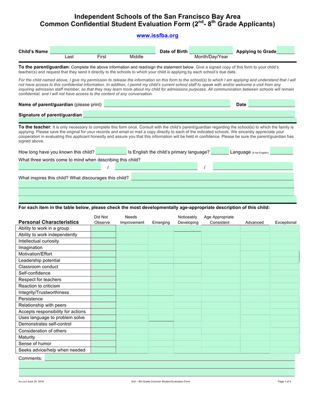 2nd  8th Grade Common Student Evaluation Form screenshot
