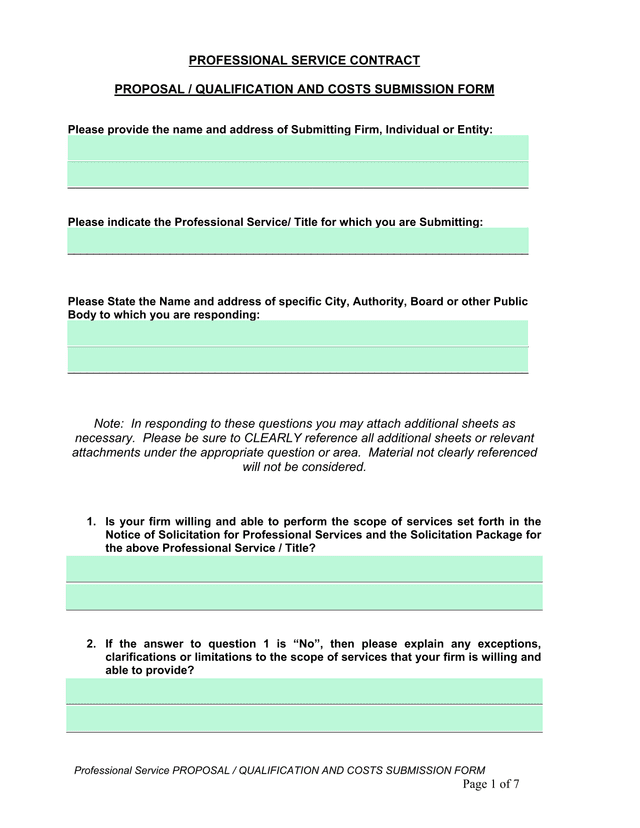 Professional Service PROPOSAL  QUALIFICATION AND COSTS SUBMISSION FORM screenshot