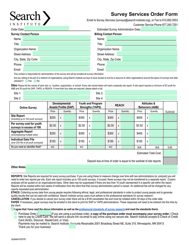 Survey Services Order Form screenshot