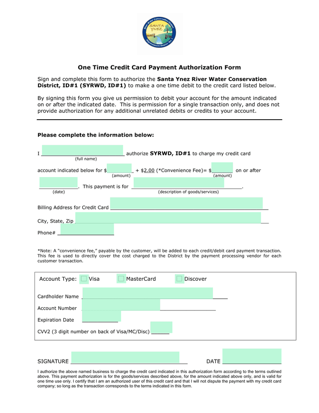 One Time Credit Card Payment Authorization Form screenshot