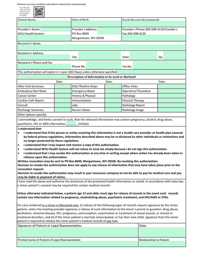 Patient Release Form screenshot