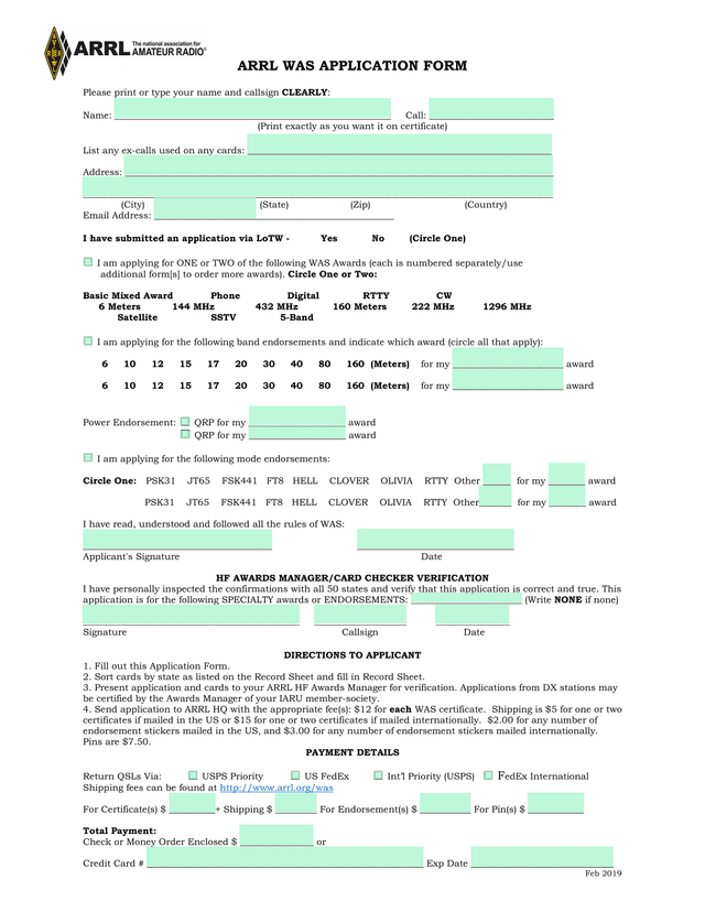 ARRL WAS APPLICATION FORM screenshot