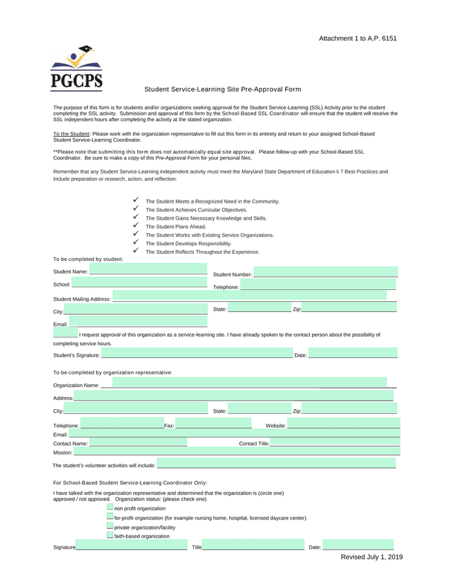 Student Service Learning Site Pre Approval Form screenshot