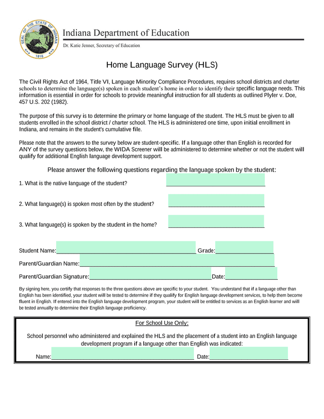 Home Language Survey (HLS) screenshot