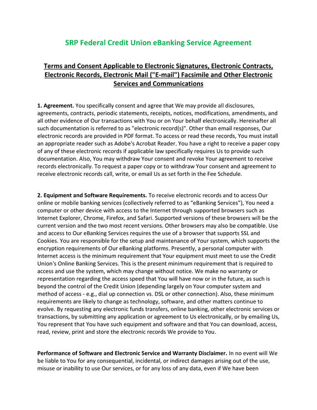 SRP Federal Credit Union EBanking Service Agreement screenshot