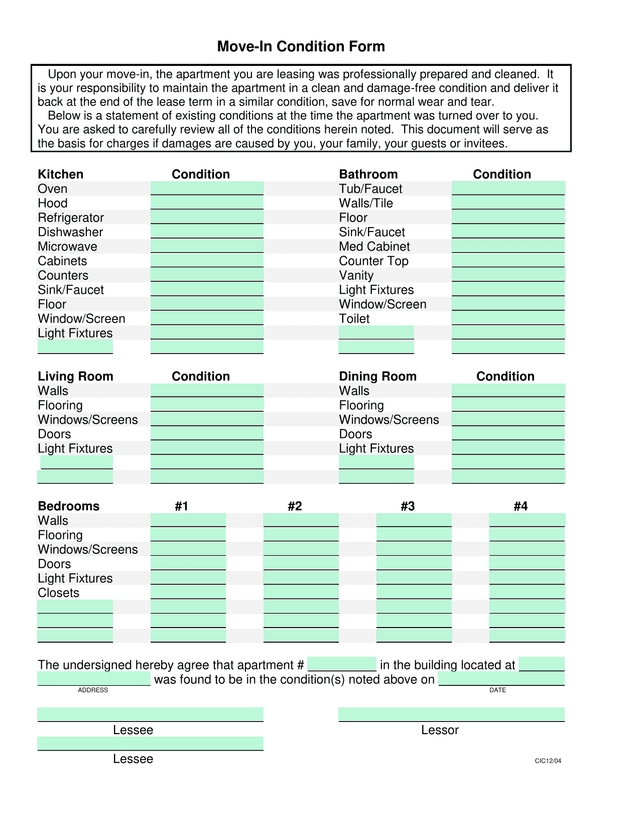 Move In Condition Form screenshot