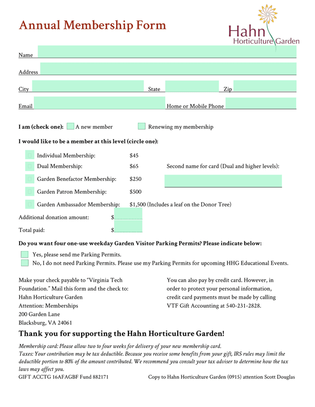 Annual Membership Form screenshot
