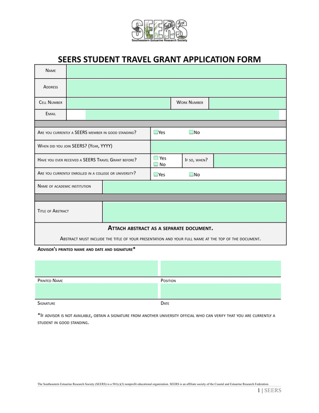 SEERS Student Travel Grant Application Form screenshot