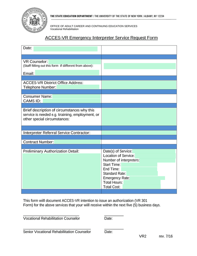 ACCES VR Emergency Interpreter Service Request Form screenshot