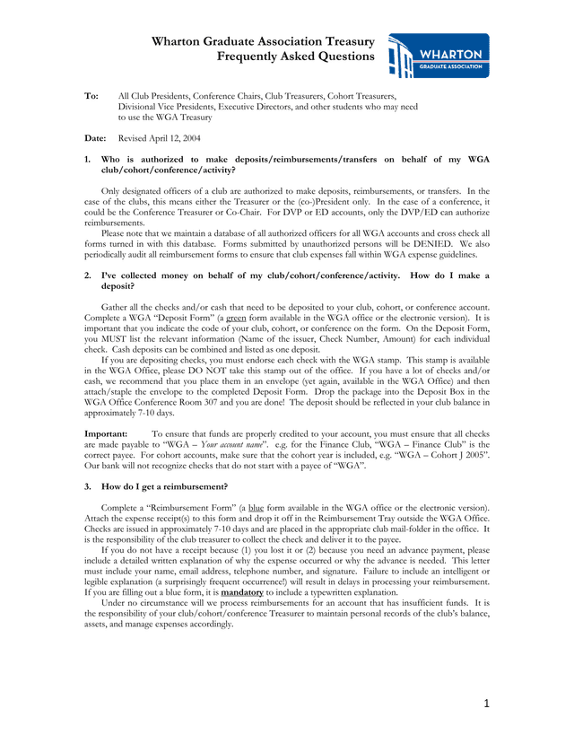 Wharton Graduate Association Treasury Frequently Asked Questions screenshot