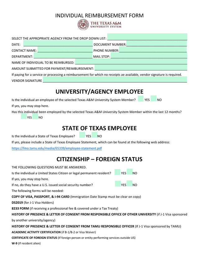 Individual Reimbursement Form screenshot