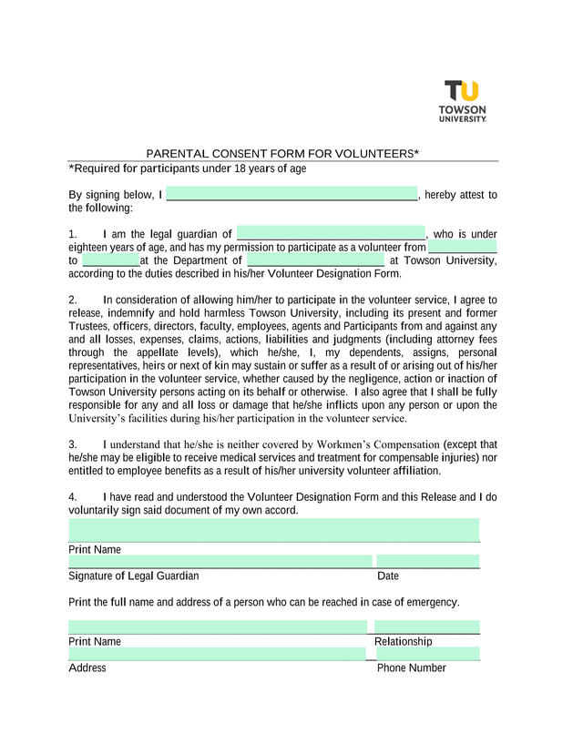 PARENTAL CONSENT FORM FOR VOLUNTEERS screenshot
