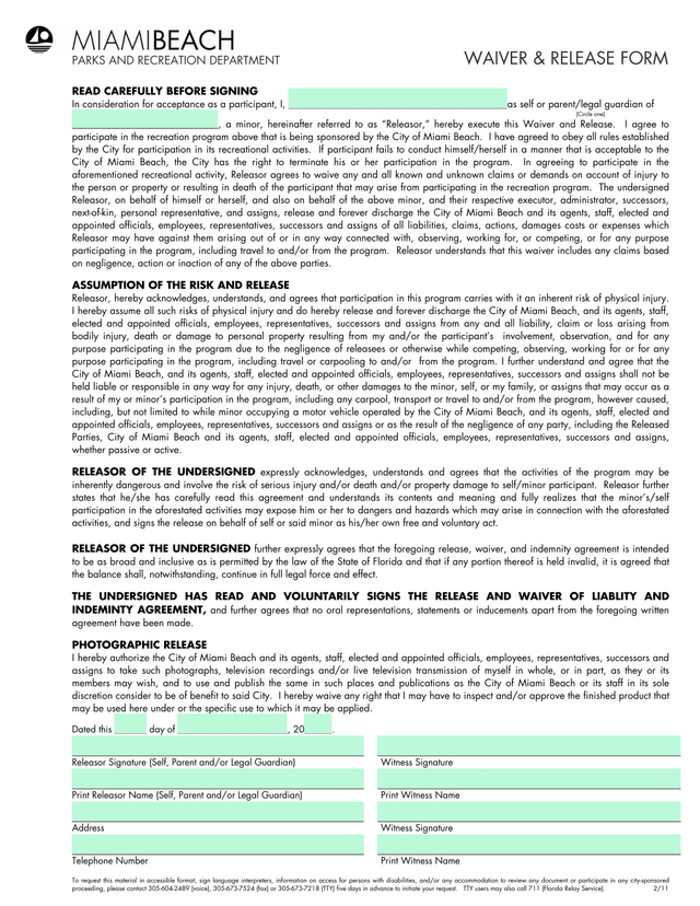 Parks And Recreation Department Waiver  Release Form screenshot