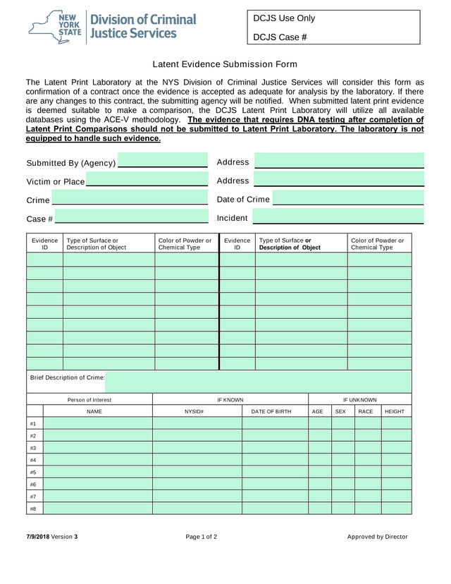 Latent Evidence Submission Form screenshot