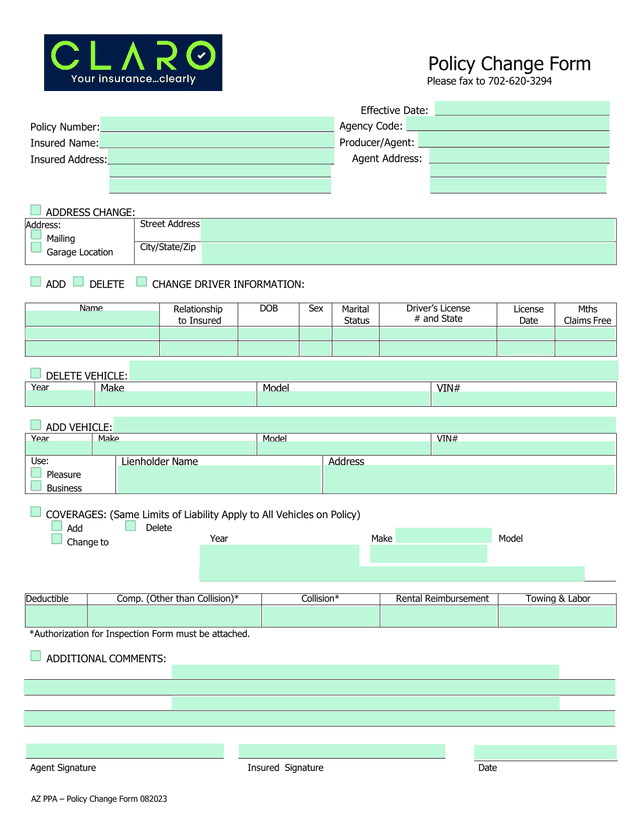 Policy Change Form screenshot