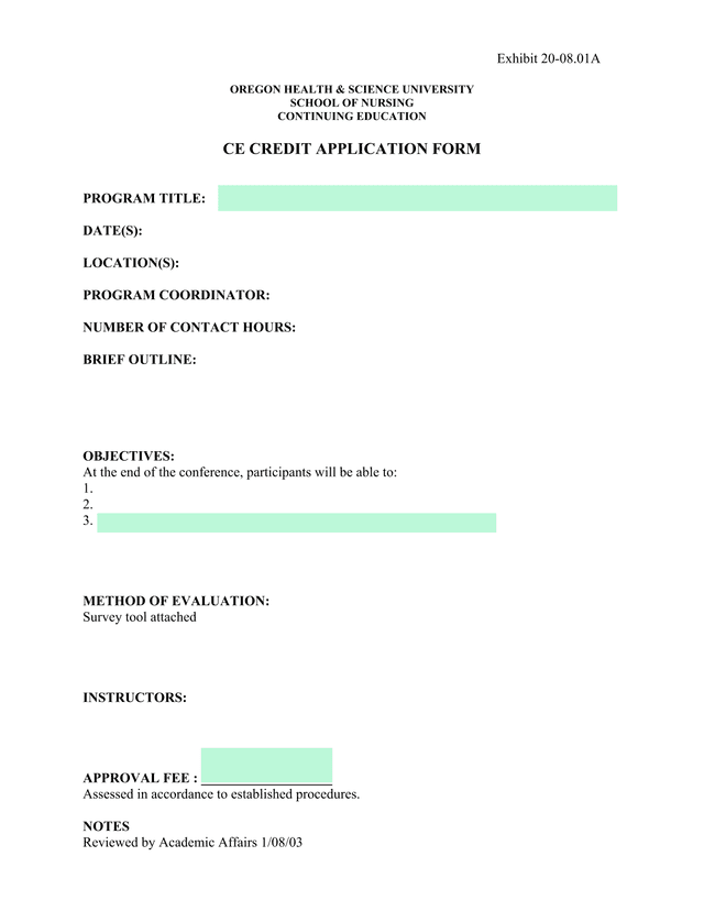 CE Credit Application Form screenshot