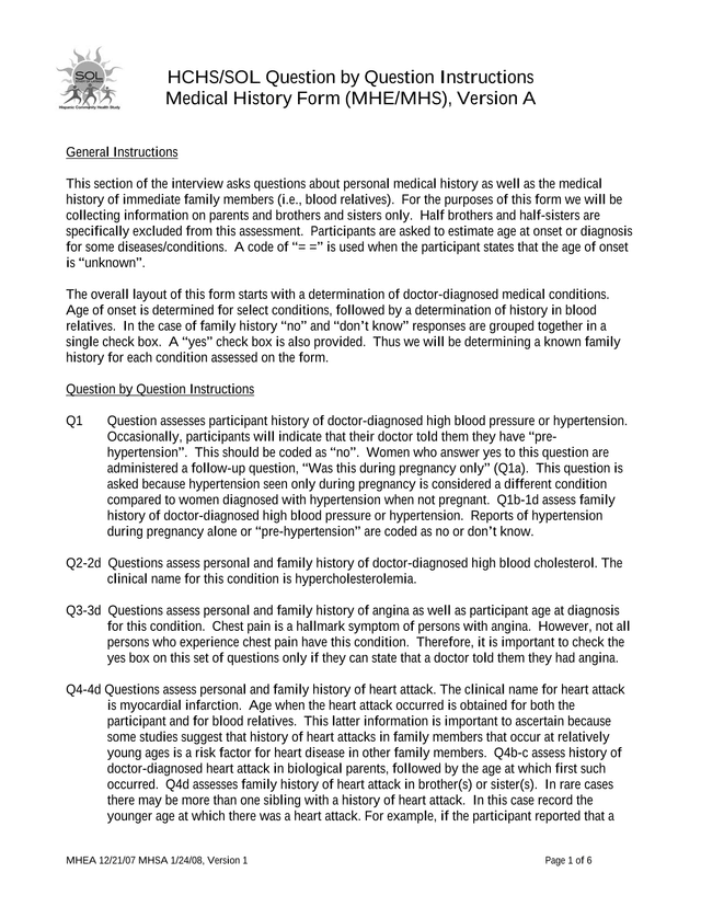 HCHSSOL Question By Question Instructions Medical History Form (MHEMHS), Version A screenshot