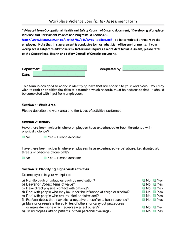 Workplace Violence Specific Risk Assessment Form screenshot