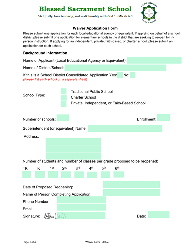 Waiver Application Form screenshot