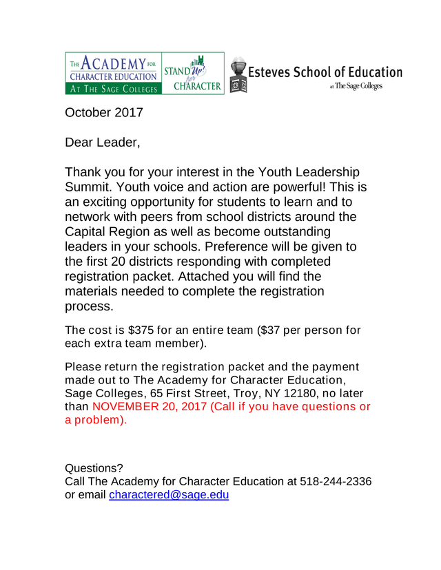 2017 Youth Leadership Summit Registration Packet screenshot