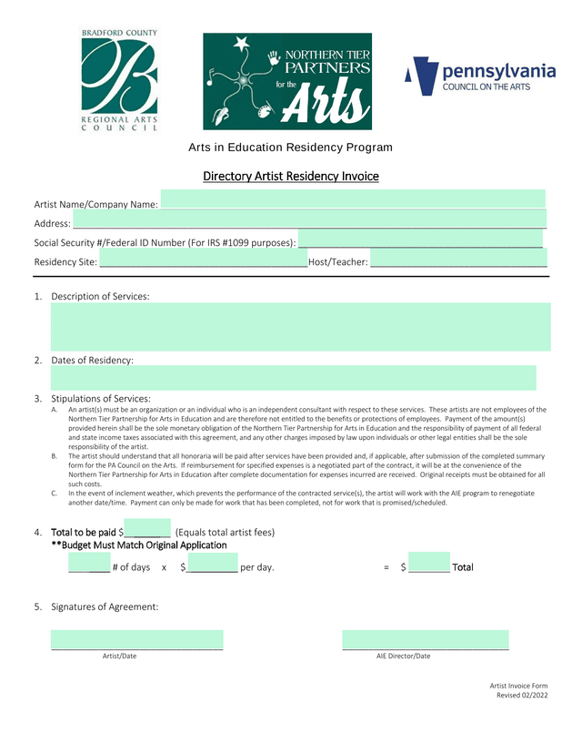 Artist Invoice Form screenshot