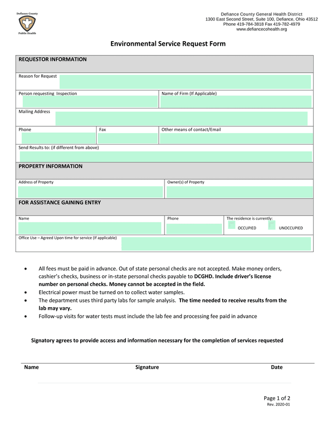 Environmental Service Request Form screenshot