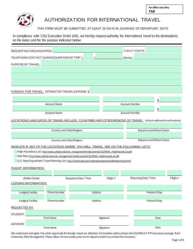 Authorization For International Travel screenshot