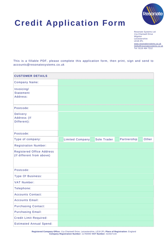 Credit Application Form screenshot