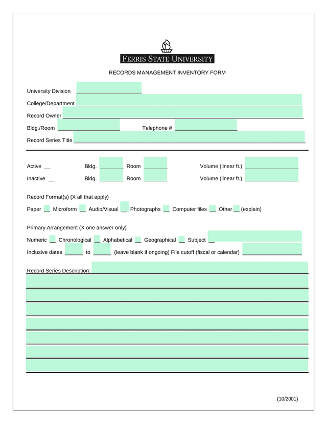 Records Management Inventory Form screenshot