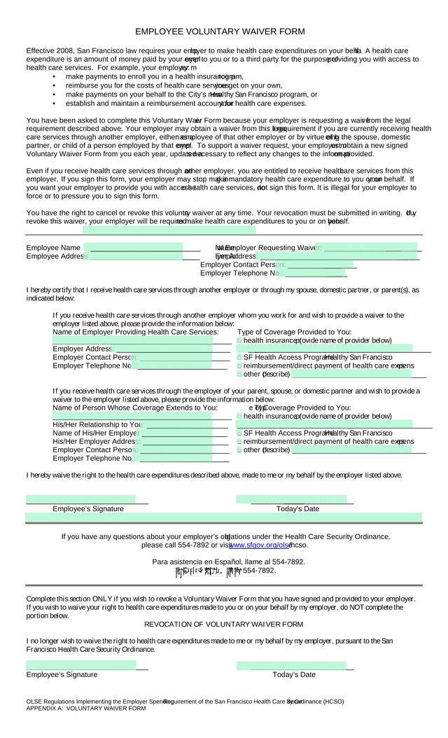 Employee Voluntary Waiver Form screenshot