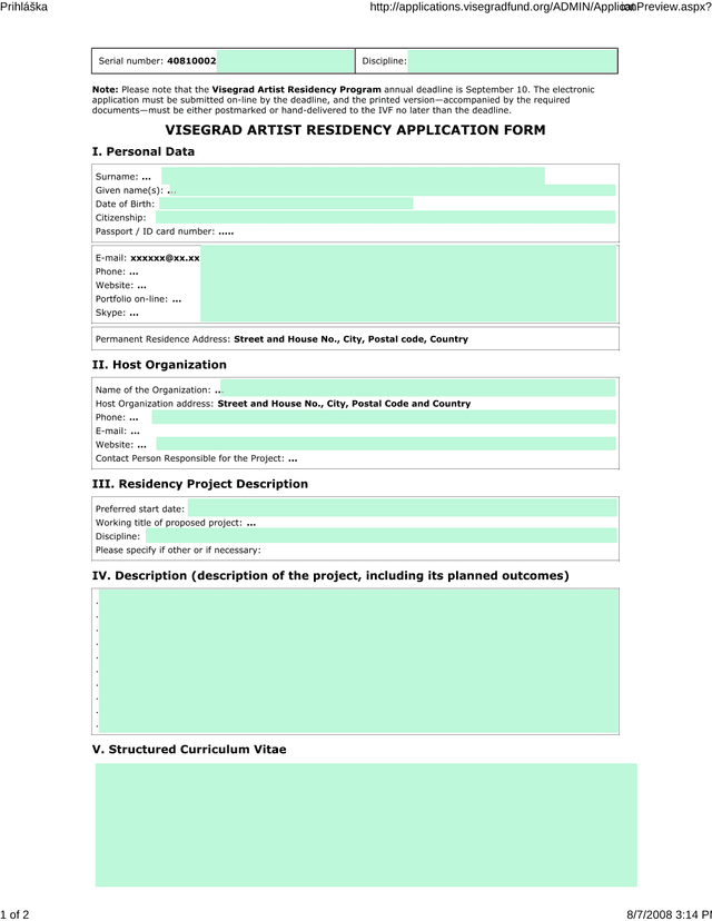 Visegrad Artist Residency Application Form screenshot