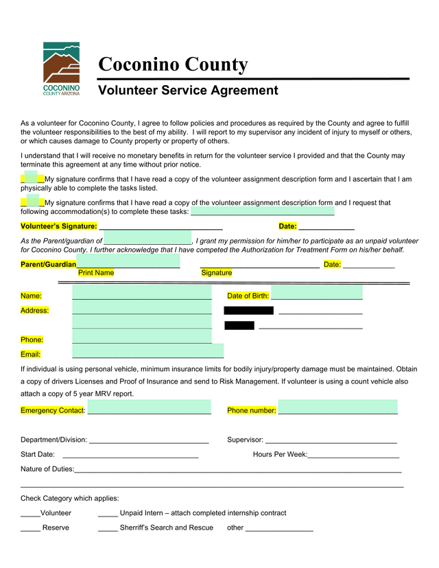 Coconino County Volunteer Service Agreement screenshot